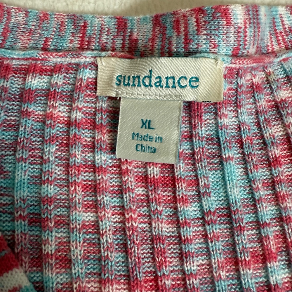 Sundance Womens XL Button Henley Top Pink Blue White‎ Ribbed Knit Long Sleeve - Picture 2 of 6